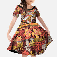 Japanese Hawaiian Crane Family Matching Off Shoulder Maxi Dress and Hawaiian Shirt Yellow Ochre Tapa Patchwork Pattern