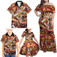 Japanese Hawaiian Crane Family Matching Off Shoulder Maxi Dress and Hawaiian Shirt Yellow Ochre Tapa Patchwork Pattern