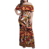 Japanese Hawaiian Crane Family Matching Off Shoulder Maxi Dress and Hawaiian Shirt Yellow Ochre Tapa Patchwork Pattern
