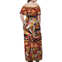Japanese Hawaiian Crane Family Matching Off Shoulder Maxi Dress and Hawaiian Shirt Yellow Ochre Tapa Patchwork Pattern