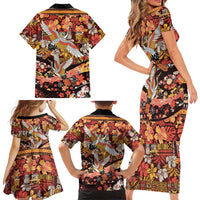 Japanese Hawaiian Crane Family Matching Short Sleeve Bodycon Dress and Hawaiian Shirt Yellow Ochre Tapa Patchwork Pattern LT9 - Polynesian Pride