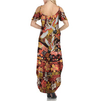 Japanese Hawaiian Crane Family Matching Summer Maxi Dress and Hawaiian Shirt Yellow Ochre Tapa Patchwork Pattern