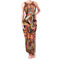 Japanese Hawaiian Crane Family Matching Tank Maxi Dress and Hawaiian Shirt Yellow Ochre Tapa Patchwork Pattern