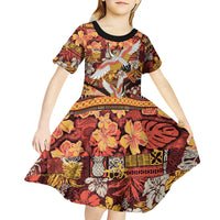 Japanese Hawaiian Crane Kid Short Sleeve Dress Yellow Ochre Tapa Patchwork Pattern