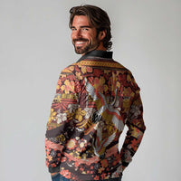 Japanese Hawaiian Crane Long Sleeve Polo Shirt Yellow Ochre Tapa Patchwork Pattern