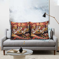 Japanese Hawaiian Crane Pillow Cover Yellow Ochre Tapa Patchwork Pattern