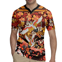 Japanese Hawaiian Crane Rugby Jersey Yellow Ochre Tapa Patchwork Pattern