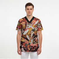 Japanese Hawaiian Crane Scrub Top Yellow Ochre Tapa Patchwork Pattern