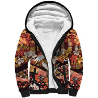 Japanese Hawaiian Crane Sherpa Hoodie Yellow Ochre Tapa Patchwork Pattern