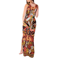 Japanese Hawaiian Crane Tank Maxi Dress Yellow Ochre Tapa Patchwork Pattern