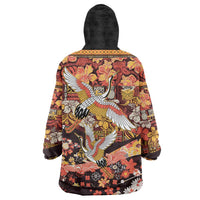 Japanese Hawaiian Crane Wearable Blanket Hoodie Yellow Ochre Tapa Patchwork Pattern