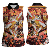 Japanese Hawaiian Crane Women Sleeveless Polo Shirt Yellow Ochre Tapa Patchwork Pattern