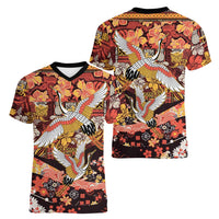 Japanese Hawaiian Crane Women V-Neck T-Shirt Yellow Ochre Tapa Patchwork Pattern