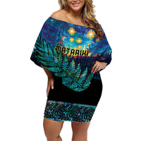 Matariki Te Tau Hou Maori Family Matching Off Shoulder Short Dress and Hawaiian Shirt New Zealand Silver Fern Night Starry Sky
