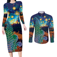 Personalised New Zealand Matariki Art Star Couples Matching Long Sleeve Bodycon Dress and Long Sleeve Button Shirt Koru Fern Night Starry Sky LT9 Black - Polynesian Pride