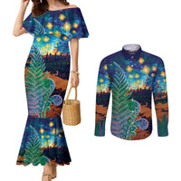 Personalised New Zealand Matariki Art Star Couples Matching Mermaid Dress and Long Sleeve Button Shirt Koru Fern Night Starry Sky LT9 Black - Polynesian Pride