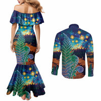 Personalised New Zealand Matariki Art Star Couples Matching Mermaid Dress and Long Sleeve Button Shirt Koru Fern Night Starry Sky LT9 - Polynesian Pride