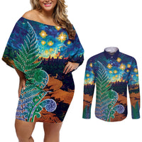 Personalised New Zealand Matariki Art Star Couples Matching Off Shoulder Short Dress and Long Sleeve Button Shirt Koru Fern Night Starry Sky LT9 Black - Polynesian Pride