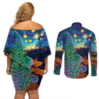 Personalised New Zealand Matariki Art Star Couples Matching Off Shoulder Short Dress and Long Sleeve Button Shirt Koru Fern Night Starry Sky LT9 - Polynesian Pride