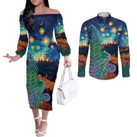 Personalised New Zealand Matariki Art Star Couples Matching Off The Shoulder Long Sleeve Dress and Long Sleeve Button Shirt Koru Fern Night Starry Sky LT9 Black - Polynesian Pride