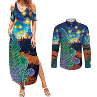 Personalised New Zealand Matariki Art Star Couples Matching Summer Maxi Dress and Long Sleeve Button Shirt Koru Fern Night Starry Sky LT9 Black - Polynesian Pride