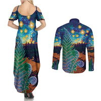 Personalised New Zealand Matariki Art Star Couples Matching Summer Maxi Dress and Long Sleeve Button Shirt Koru Fern Night Starry Sky LT9 - Polynesian Pride