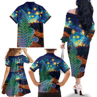 Personalised New Zealand Matariki Art Star Family Matching Off The Shoulder Long Sleeve Dress and Hawaiian Shirt Koru Fern Night Starry Sky LT9 - Polynesian Pride
