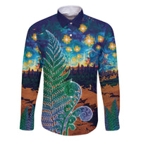 Personalised New Zealand Matariki Art Star Family Matching Off Shoulder Short Dress and Hawaiian Shirt Koru Fern Night Starry Sky LT9 Dad's Shirt - Long Sleeve Black - Polynesian Pride