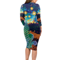 Personalised New Zealand Matariki Art Star Long Sleeve Bodycon Dress Koru Fern Night Starry Sky LT9 - Polynesian Pride