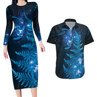 New Zealand Matariki Couples Matching Long Sleeve Bodycon Dress and Hawaiian Shirt Blue Milky Way Stars Night Sky LT9 Blue - Polynesian Pride