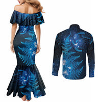New Zealand Matariki Couples Matching Mermaid Dress and Long Sleeve Button Shirt Blue Milky Way Stars Night Sky LT9 - Polynesian Pride