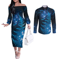 New Zealand Matariki Couples Matching Off The Shoulder Long Sleeve Dress and Long Sleeve Button Shirt Blue Milky Way Stars Night Sky LT9 Blue - Polynesian Pride