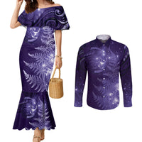 New Zealand Matariki Couples Matching Mermaid Dress and Long Sleeve Button Shirt Purple Milky Way Stars Night Sky LT9 Purple - Polynesian Pride