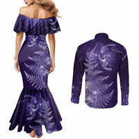 New Zealand Matariki Couples Matching Mermaid Dress and Long Sleeve Button Shirt Purple Milky Way Stars Night Sky LT9 - Polynesian Pride