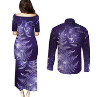 New Zealand Matariki Couples Matching Puletasi and Long Sleeve Button Shirt Purple Milky Way Stars Night Sky LT9 - Polynesian Pride
