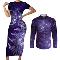 New Zealand Matariki Couples Matching Short Sleeve Bodycon Dress and Long Sleeve Button Shirt Purple Milky Way Stars Night Sky LT9 Purple - Polynesian Pride
