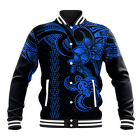 Hawaiian Tribal Baseball Jacket Polynesian Kakau Turtle - Blue LT9 Unisex Blue - Polynesian Pride