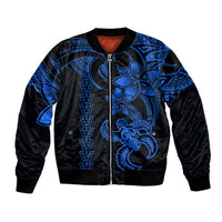 Hawaiian Tribal Bomber Jacket Polynesian Kakau Turtle - Blue LT9 Unisex Blue - Polynesian Pride