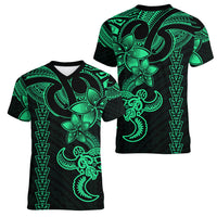 Hawaiian Tribal Women V Neck T Shirt Polynesian Kakau Turtle - Green LT9 - Polynesian Pride