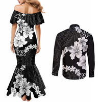 American Samoa Lotu Tamaiti Couples Matching Mermaid Dress and Long Sleeve Button Shirt White Sunday Plumeria Black Vibe LT9 - Polynesian Pride
