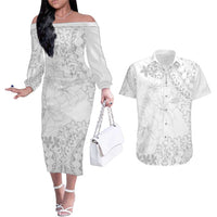 American Samoa Lotu Tamaiti Couples Matching Off The Shoulder Long Sleeve Dress and Hawaiian Shirt White Sunday Plumeria White Vibe LT9 White - Polynesian Pride
