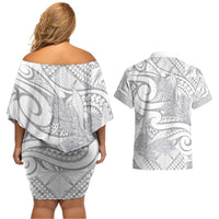 Lotu Tamaiti Samoa Siapo Couples Matching Off Shoulder Short Dress and Hawaiian Shirt White Sunday With Teuila Torch Ginger