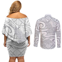 Lotu Tamaiti Samoa Siapo Couples Matching Off Shoulder Short Dress and Long Sleeve Button Shirt White Sunday With Teuila Torch Ginger