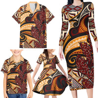 Vintage Samoa Siapo Family Matching Long Sleeve Bodycon Dress and Hawaiian Shirt With Teuila Torch Ginger