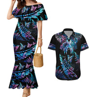 Polynesia Ribbon Butterflies Couples Matching Mermaid Dress and Hawaiian Shirt Silver Fern Breast Cancer With Papua Shell Pattern LT9 Black - Polynesian Pride