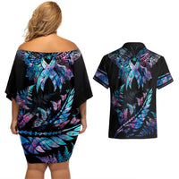 Polynesia Ribbon Butterflies Couples Matching Off Shoulder Short Dress and Hawaiian Shirt Silver Fern Breast Cancer With Papua Shell Pattern LT9 - Polynesian Pride