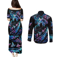 Polynesia Ribbon Butterflies Couples Matching Puletasi Dress and Long Sleeve Button Shirts Silver Fern Breast Cancer With Papua Shell Pattern LT9 - Polynesian Pride