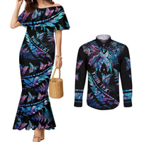 Personalised Polynesia Ribbon Butterflies Couples Matching Mermaid Dress and Long Sleeve Button Shirts Silver Fern Breast Cancer With Papua Shell Pattern LT9 Black - Polynesian Pride