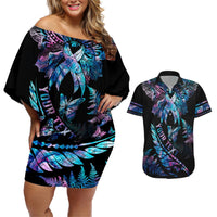 Personalised Polynesia Ribbon Butterflies Couples Matching Off Shoulder Short Dress and Hawaiian Shirt Silver Fern Breast Cancer With Papua Shell Pattern LT9 Black - Polynesian Pride