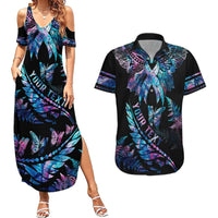 Personalised Polynesia Ribbon Butterflies Couples Matching Summer Maxi Dress and Hawaiian Shirt Silver Fern Breast Cancer With Papua Shell Pattern LT9 Black - Polynesian Pride